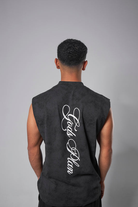 "gods plan" washed black cut-off shirt