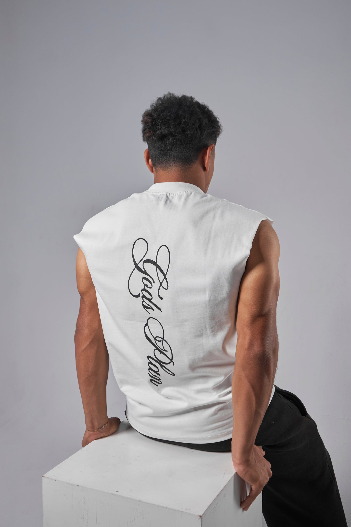 "gods plan" white cut-off shirt